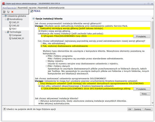 Edytor opcji obrazu administracyjnego SOLIDWORKS -opcje instalacji klienta