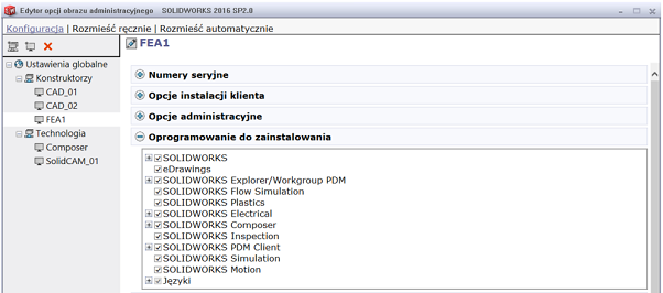 Edytor opcji obrazu administracyjnego SOLIDWORKS -oprogramowanie do zainstalowania